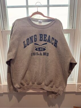 Gildan Grey Crewneck Sweatshirt with Navy Long Beach Island Logo